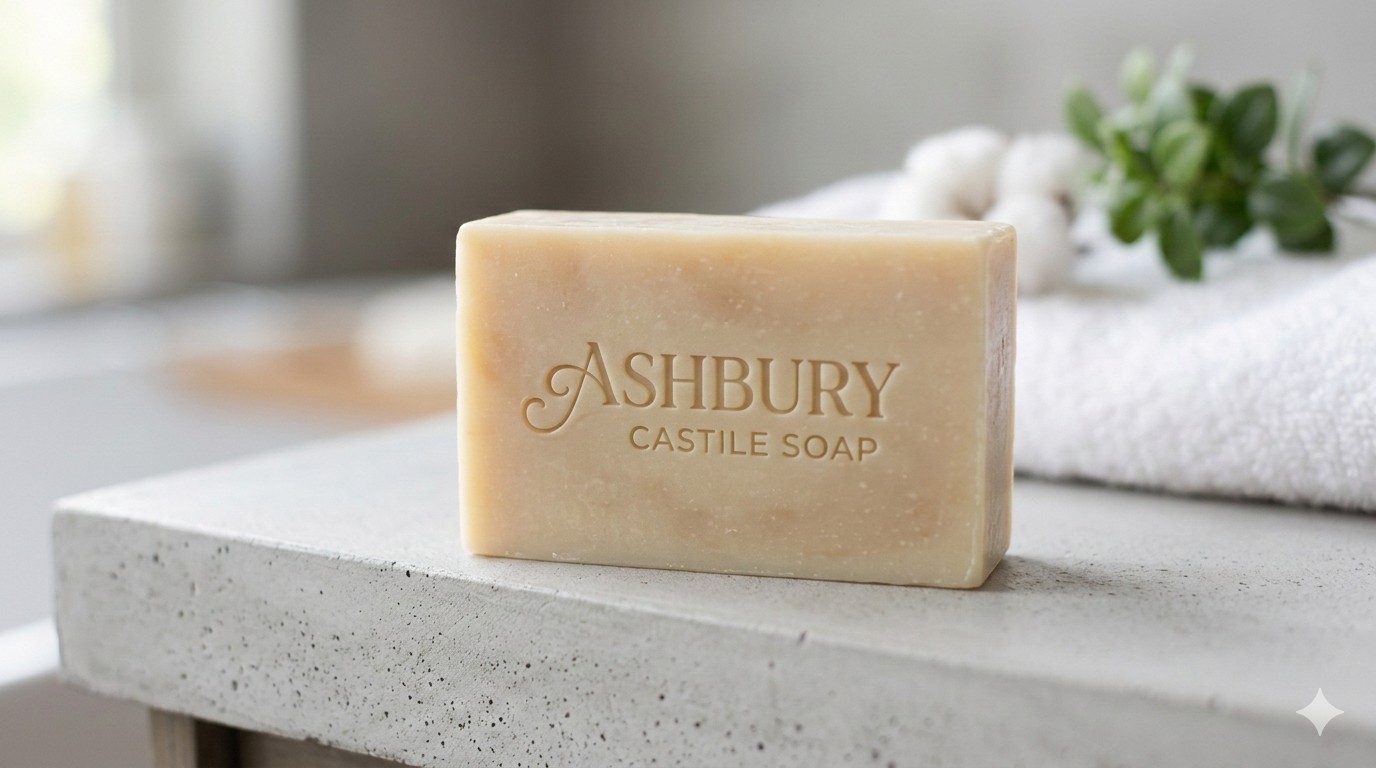Ashbury Castile Soap bar on concrete with cotton and greenery